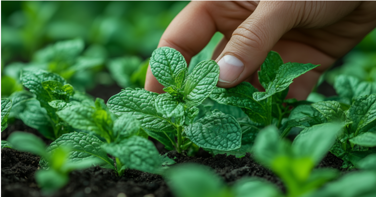 A hand touching a green plant