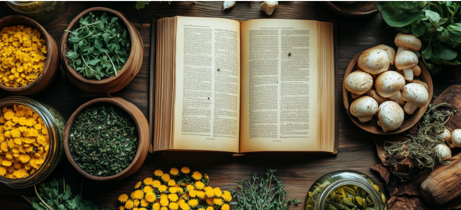 A picture of a book and natural foods